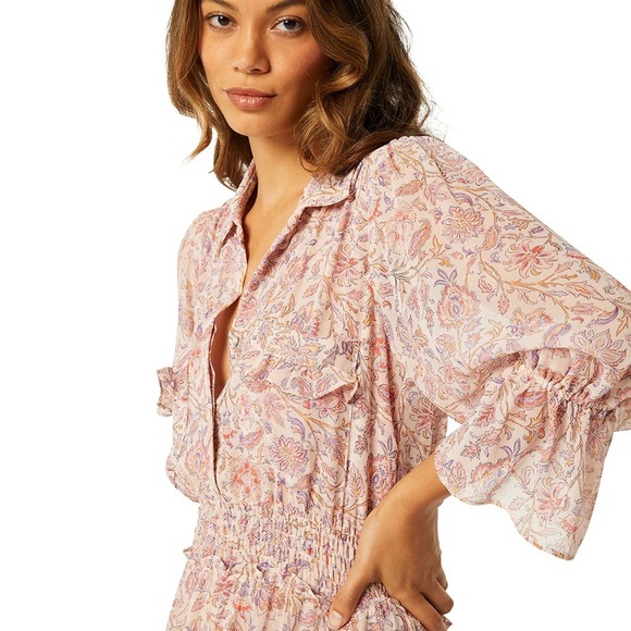 MISA Los Angeles Blush Pink Floral Maxi Dress XS Tiered Puff Sleeve Boho Prairie - Picture 2 of 7